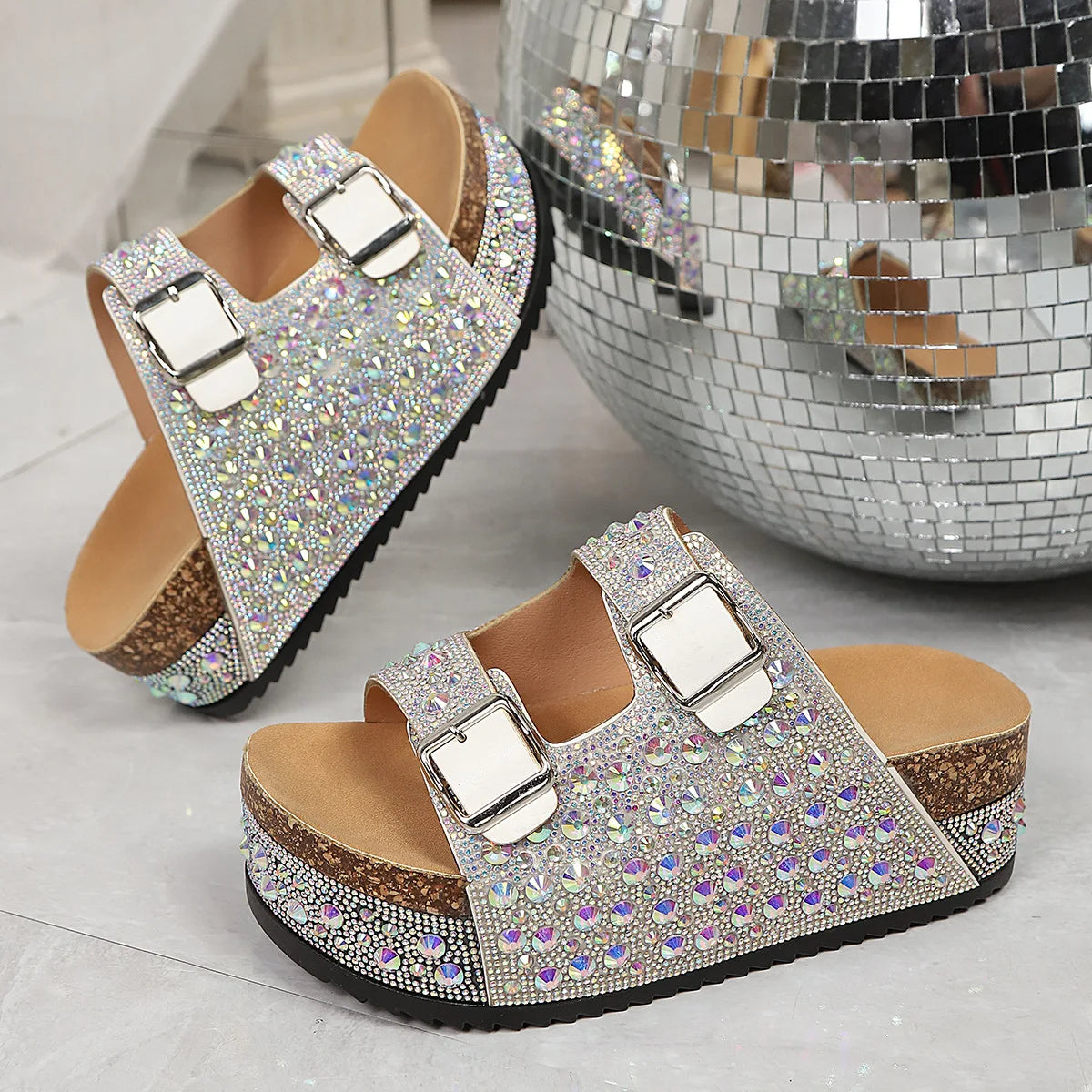 Platform Rhinestone Sandals with Buckles