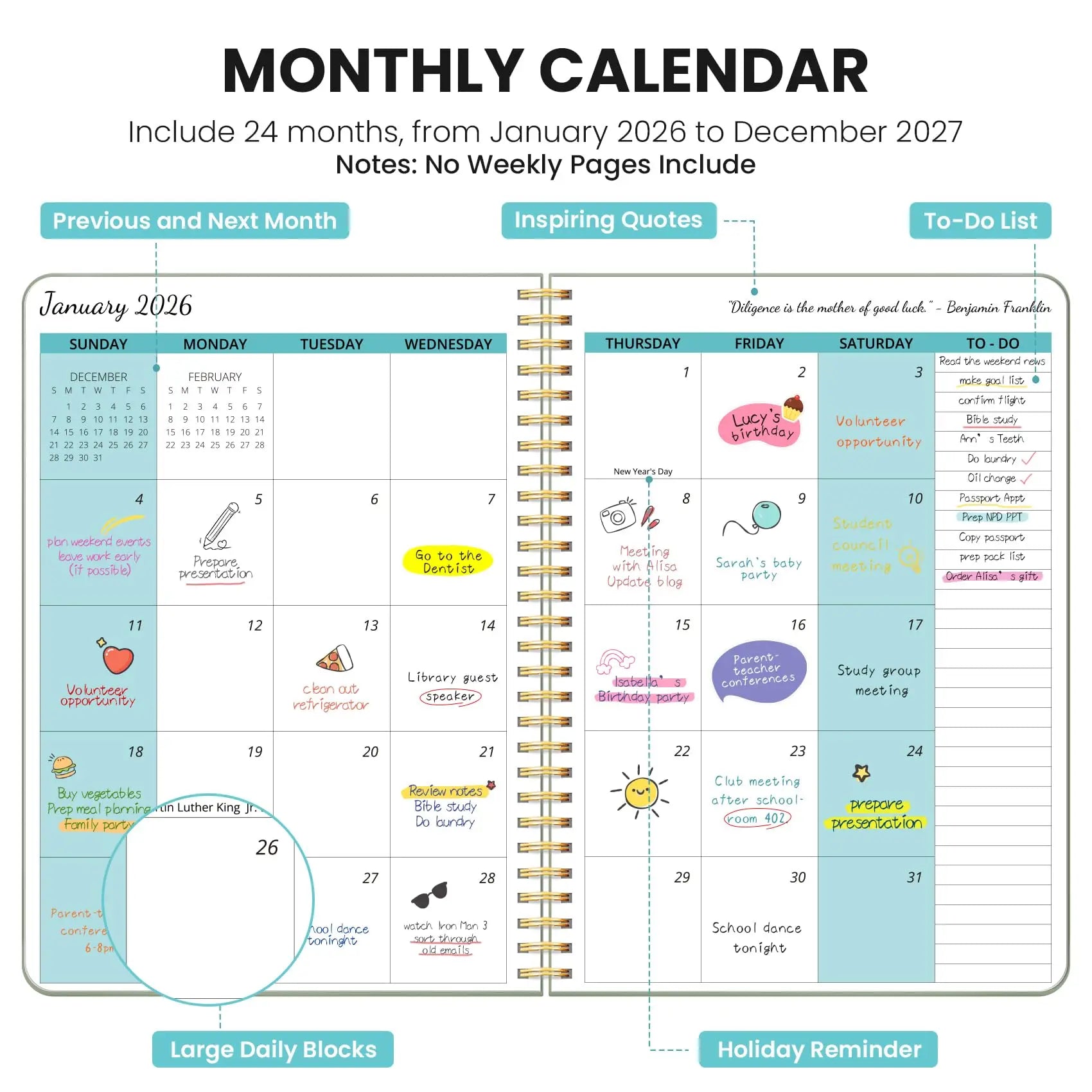 Jan 2026-Dec 2027 Monthly Planner, 24-Month 7"x10" Calendar for School Office Home - Green