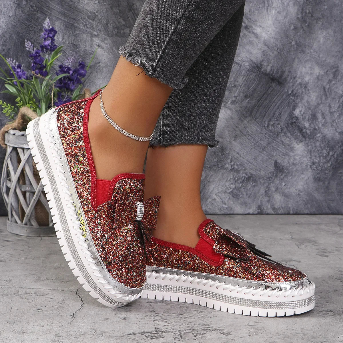 Sparkly Platform Loafers with Bow