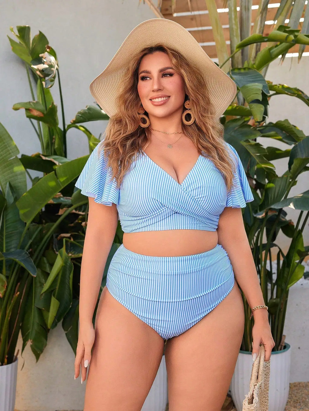 Ruffle Sleeve Swim Top& High Waist Bikini Bottoms