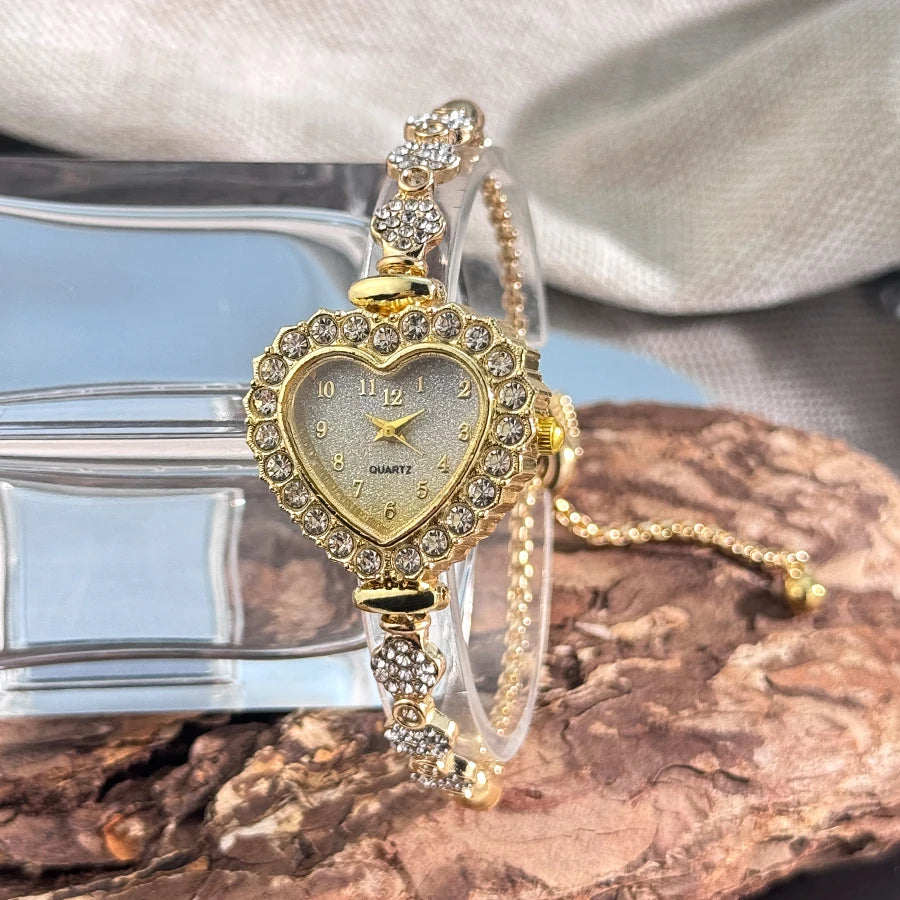 Heart Diamond-Studded Watch with Adjustable Bracelet