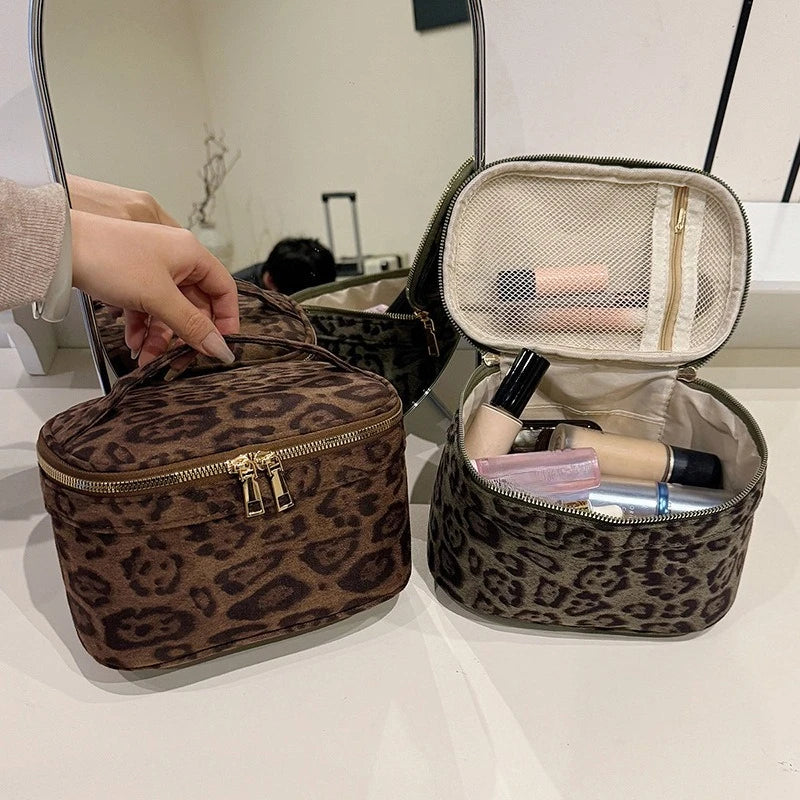 Leopard Faux Suede Cosmetic Bag