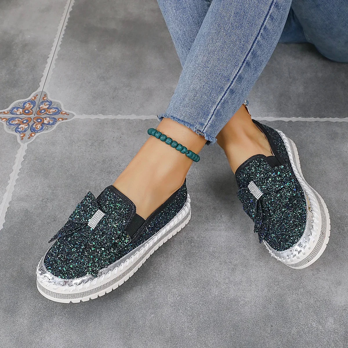Sparkly Platform Loafers with Bow