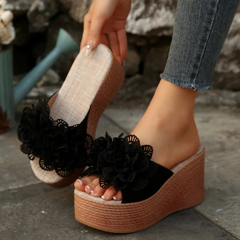 Wedge Sandals with Flower Detail