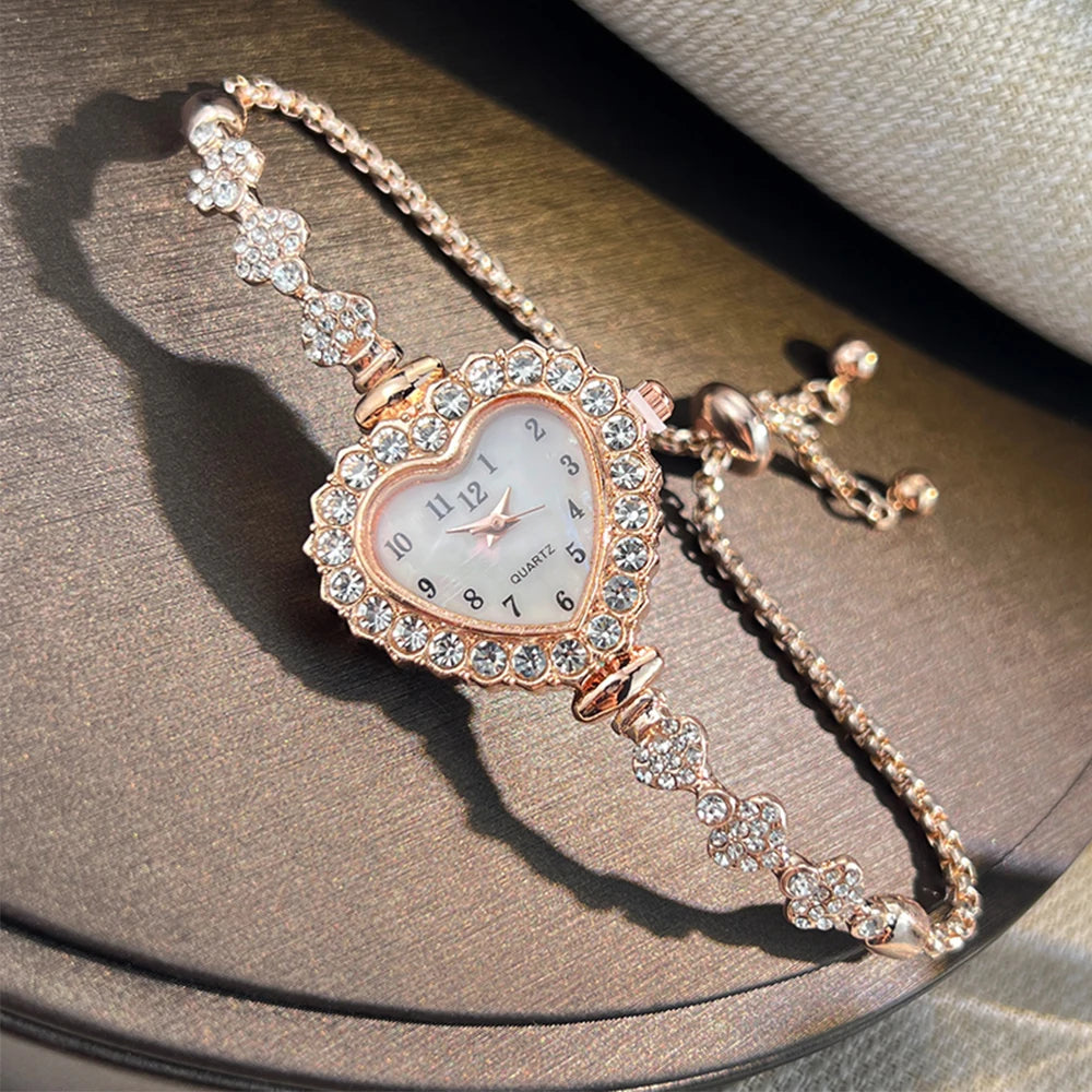 Heart Diamond-Studded Watch with Adjustable Bracelet