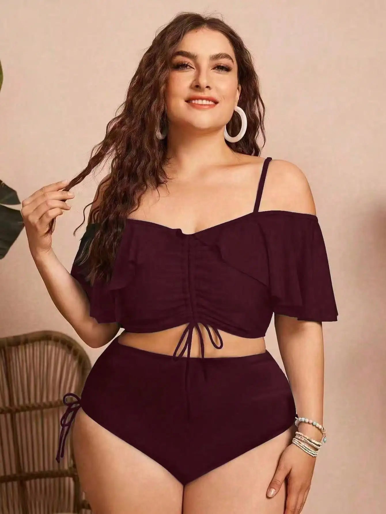 Ruched Ruffle Sleeve Bikini Top&High Waist Ruched Bikini Bottoms