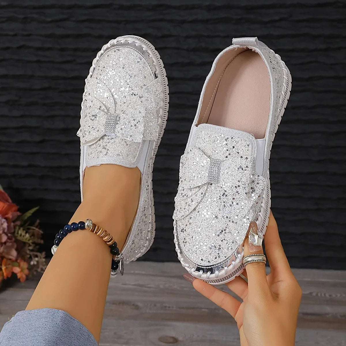 Sparkly Platform Loafers with Bow
