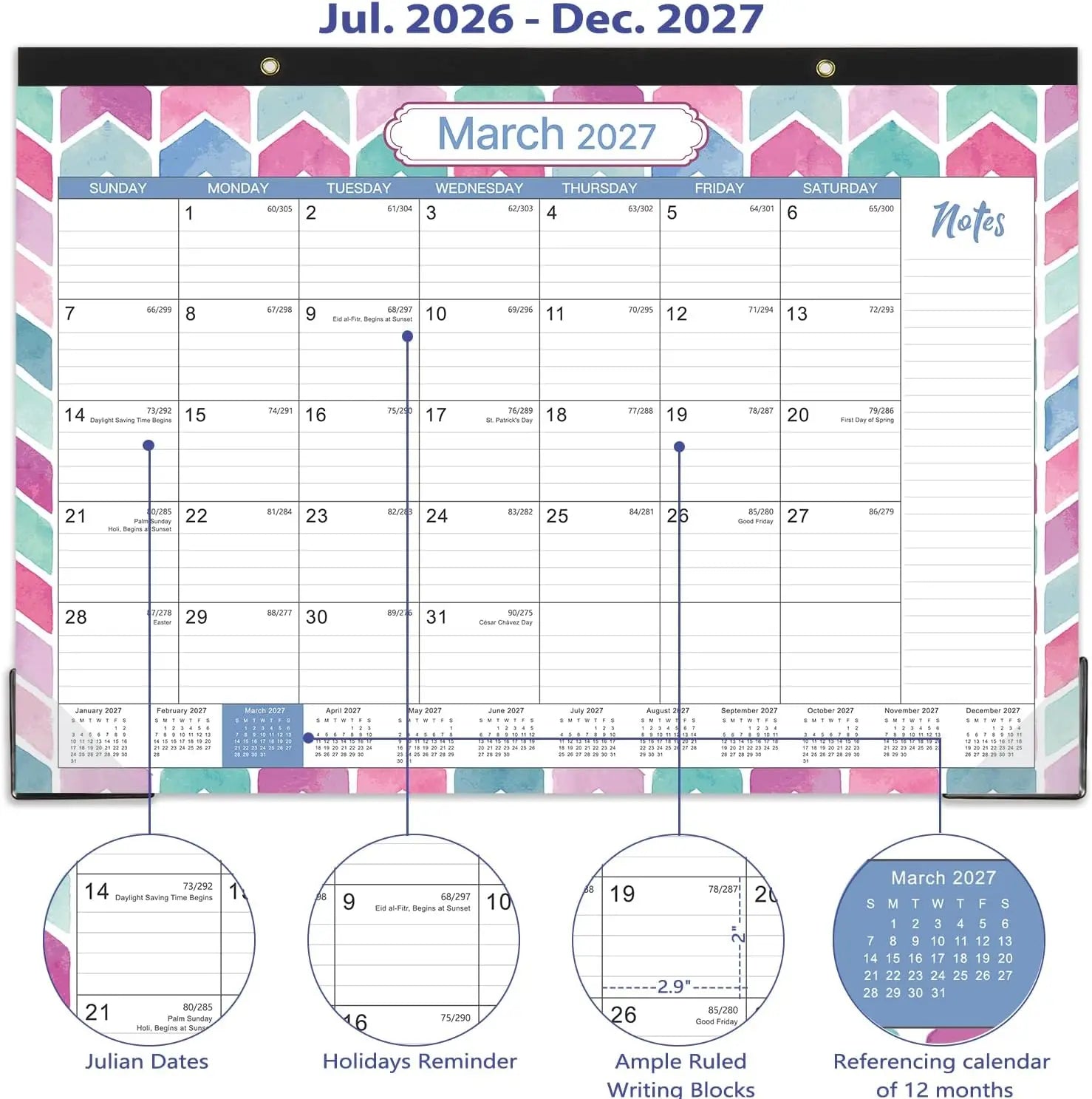 2026-2027 Desk Calendar 17x12, Jul 2026-Dec 2027, Large Blocks, To-Do List, Notes, Office Planner