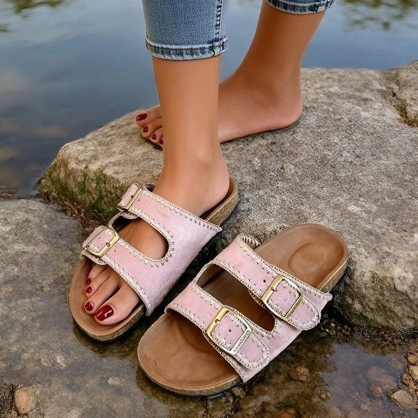Stitched Soft Leather Sandals with Buckle