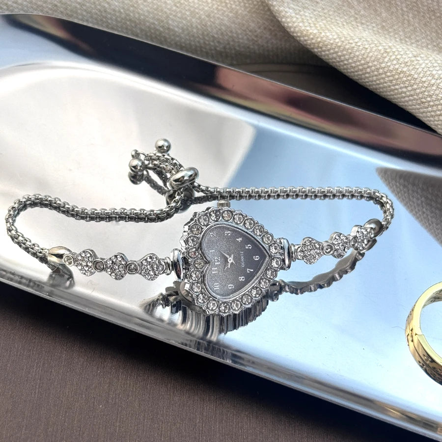 Heart Diamond-Studded Watch with Adjustable Bracelet