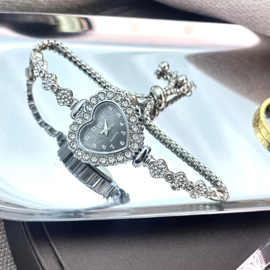 Heart Diamond-Studded Watch with Adjustable Bracelet