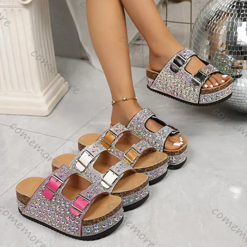 Platform Rhinestone Sandals with Buckles