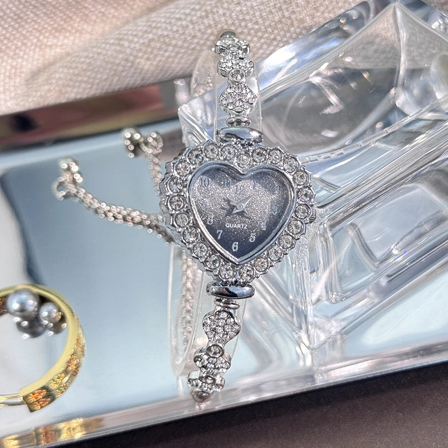 Heart Diamond-Studded Watch with Adjustable Bracelet