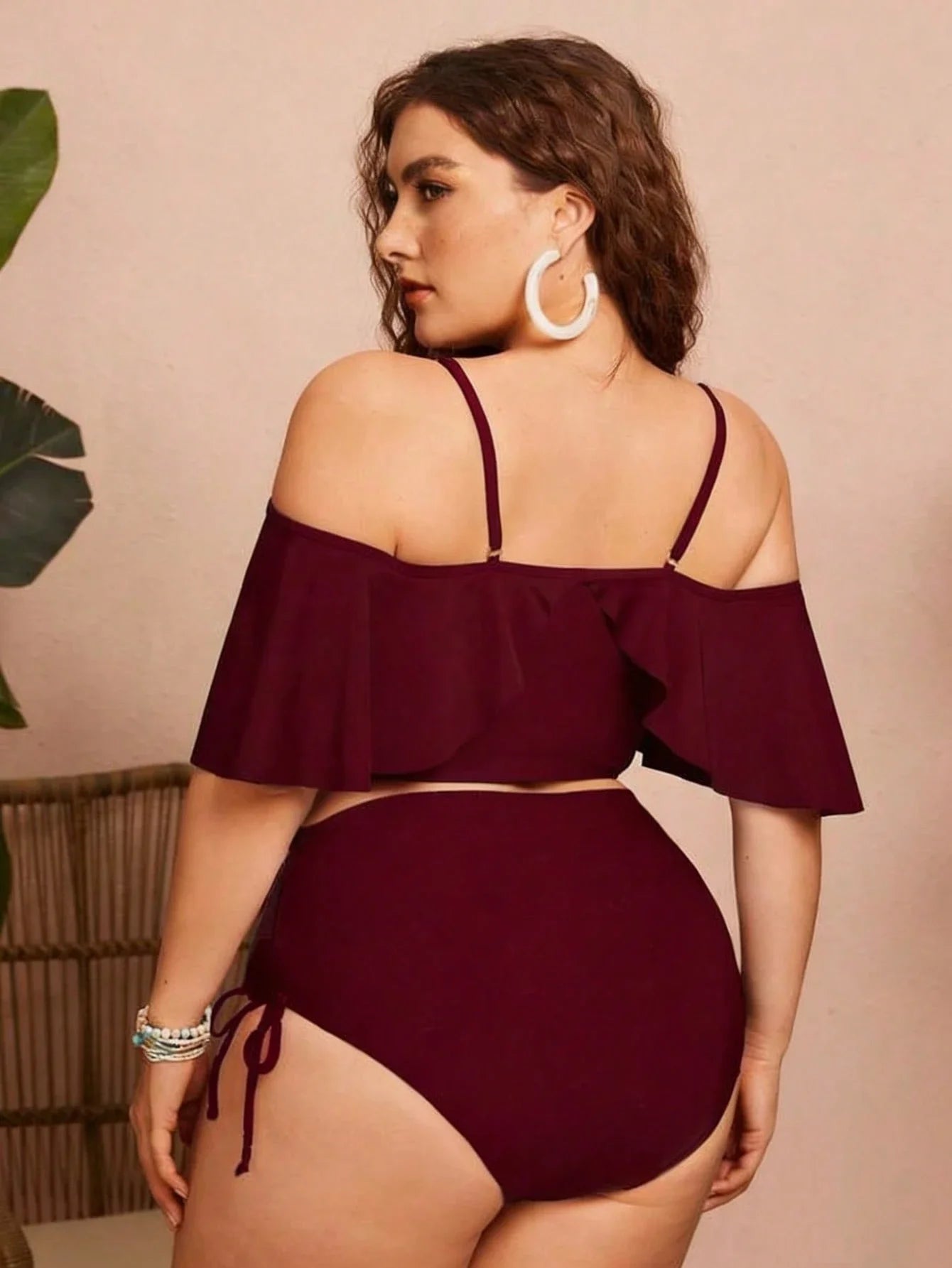 Ruched Ruffle Sleeve Bikini Top&High Waist Ruched Bikini Bottoms