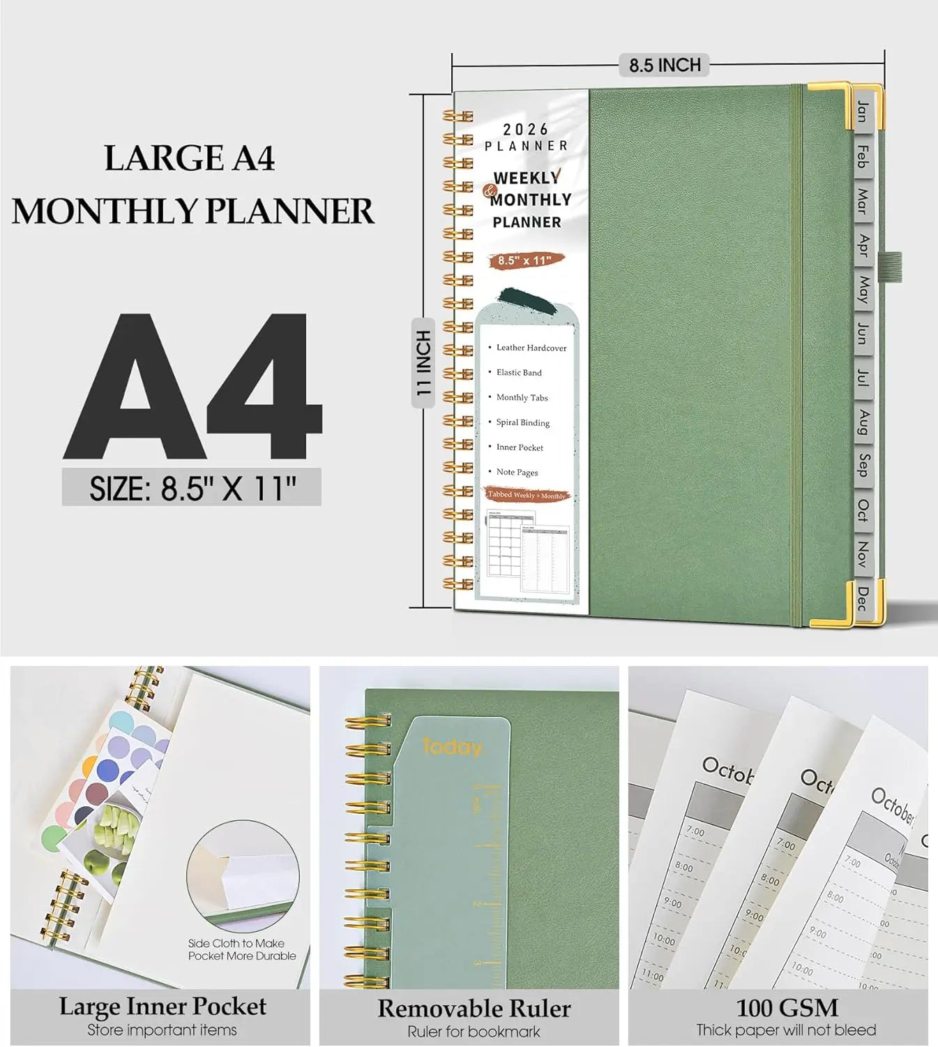 2026 Weekly & Monthly Planner, Hardcover Leather, 8.5x11 Inch