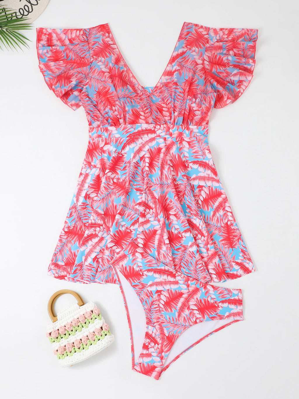 Ruffle Sleeve Tankini Top&High Waist Bikini Bottoms
