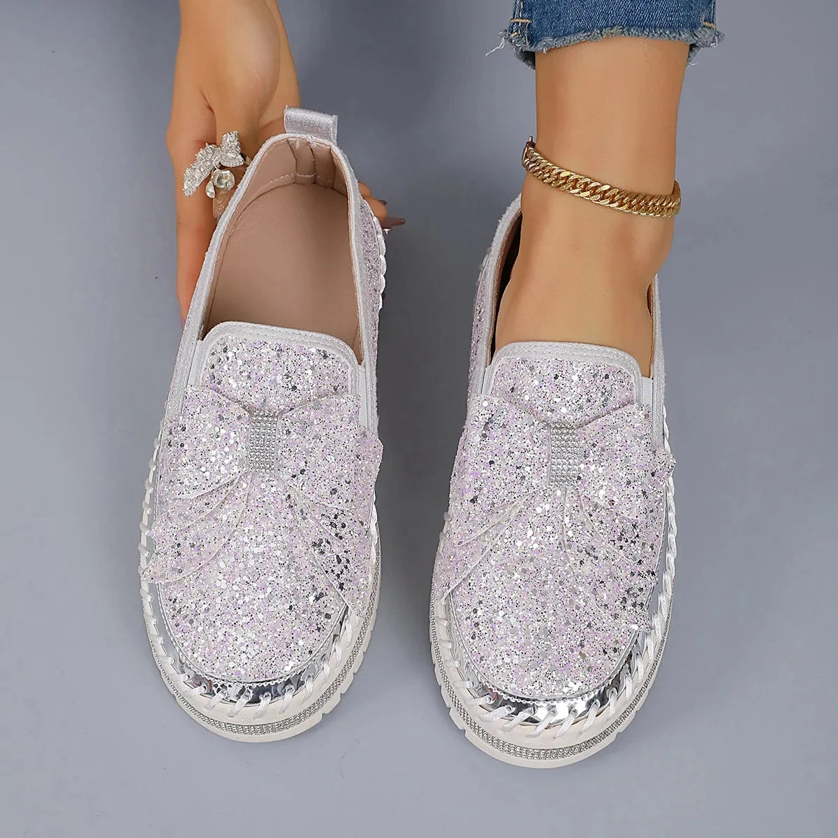 Sparkly Platform Loafers with Bow