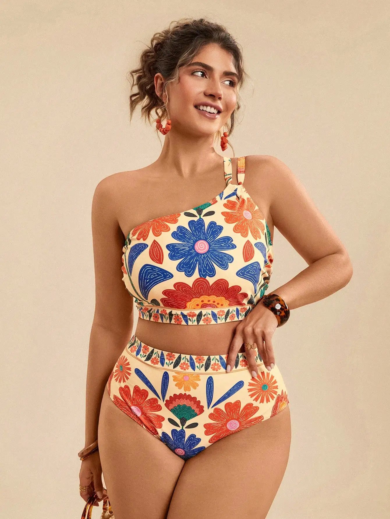 Floral Print Asymmetric Neck Bikini Set Women High Waist Beach Swimwear