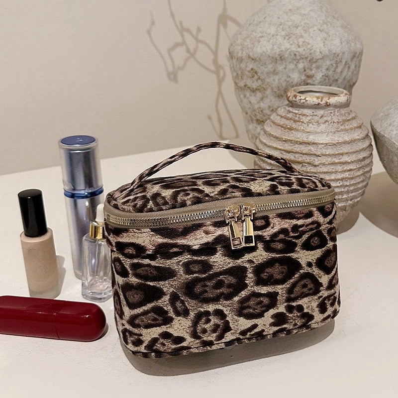 Leopard Faux Suede Cosmetic Bag