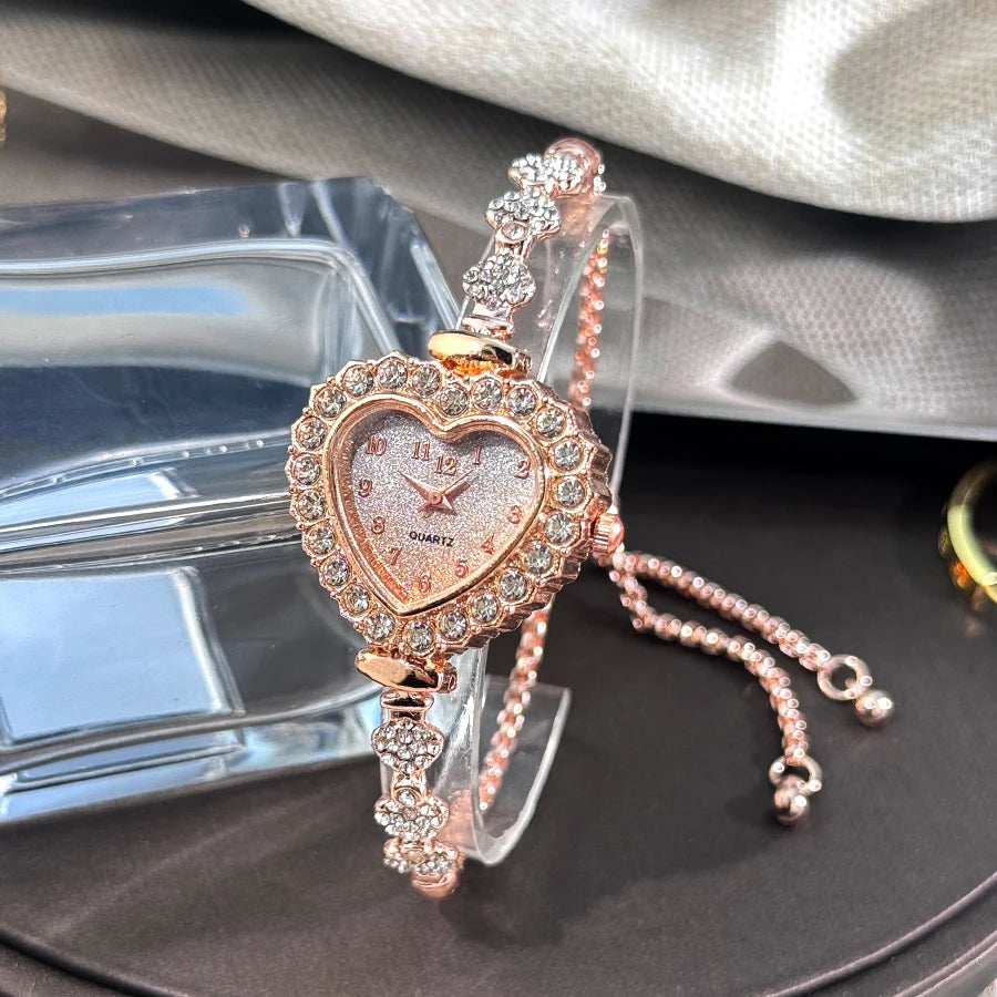 Heart Diamond-Studded Watch with Adjustable Bracelet