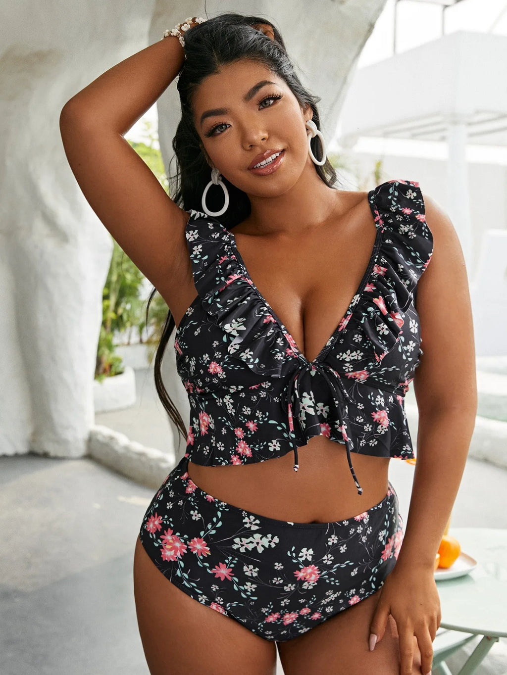 Ruffle Swim Top&High Waist Bikini Bottoms