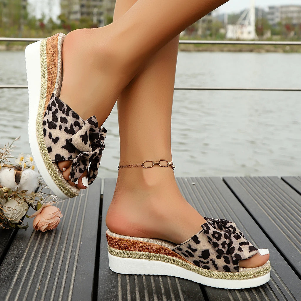 Leopard Wedge Sandles with Bow