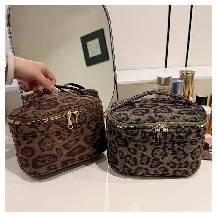 Leopard Faux Suede Cosmetic Bag