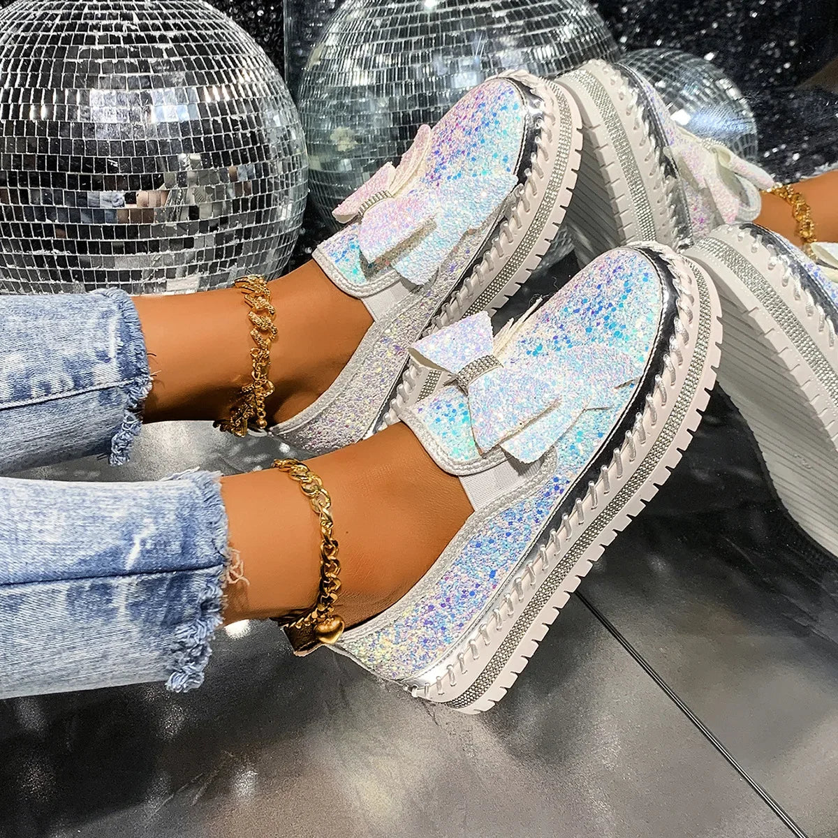 Sparkly Platform Loafers with Bow