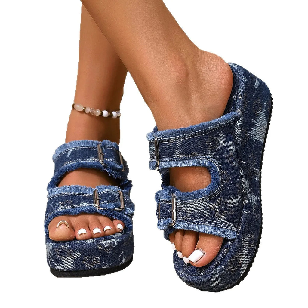 Denim Sandals with Adjustable Buckles