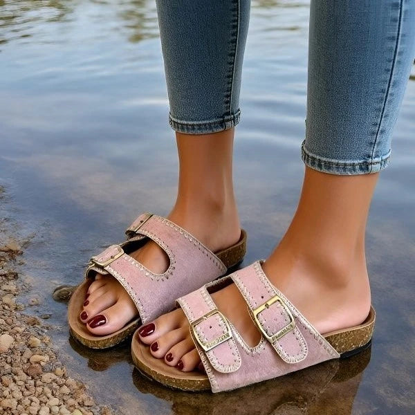 Stitched Soft Leather Sandals with Buckle