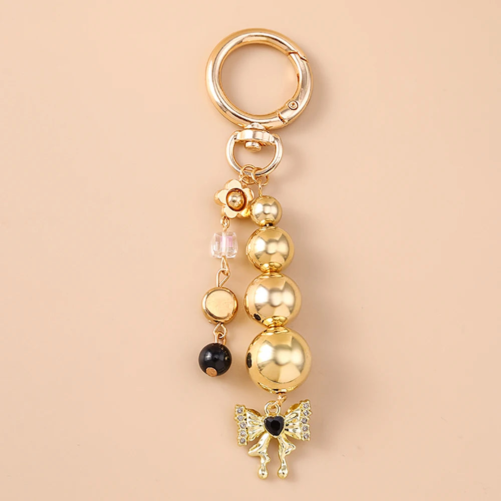 Cute Bowknot Love Heart Keychain Crystal Pearl Key Ring Pendants for Women Girls Handbag Decor DIY Handmade Key Chain Gifts