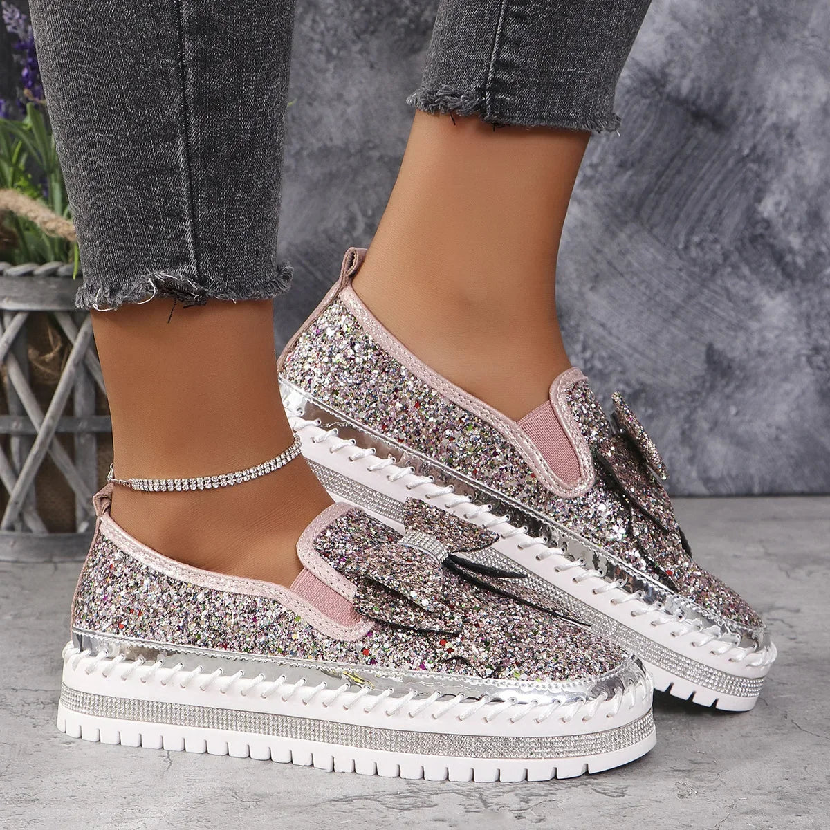 Sparkly Platform Loafers with Bow