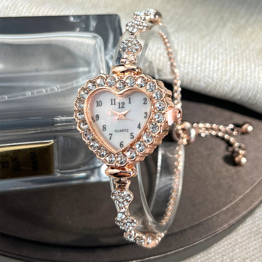Heart Diamond-Studded Watch with Adjustable Bracelet