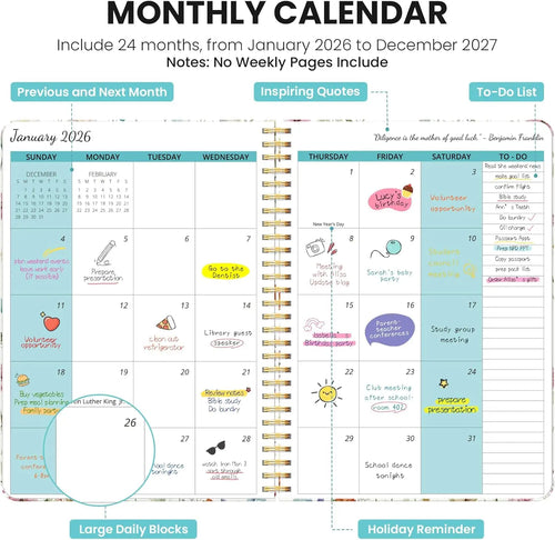 2026-2027 Monthly Planner Calendar, 24-Month Wildflowers Design, 7x10 Inches for School Office Home