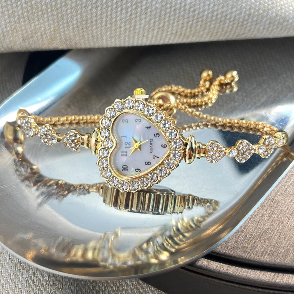Heart Diamond-Studded Watch with Adjustable Bracelet