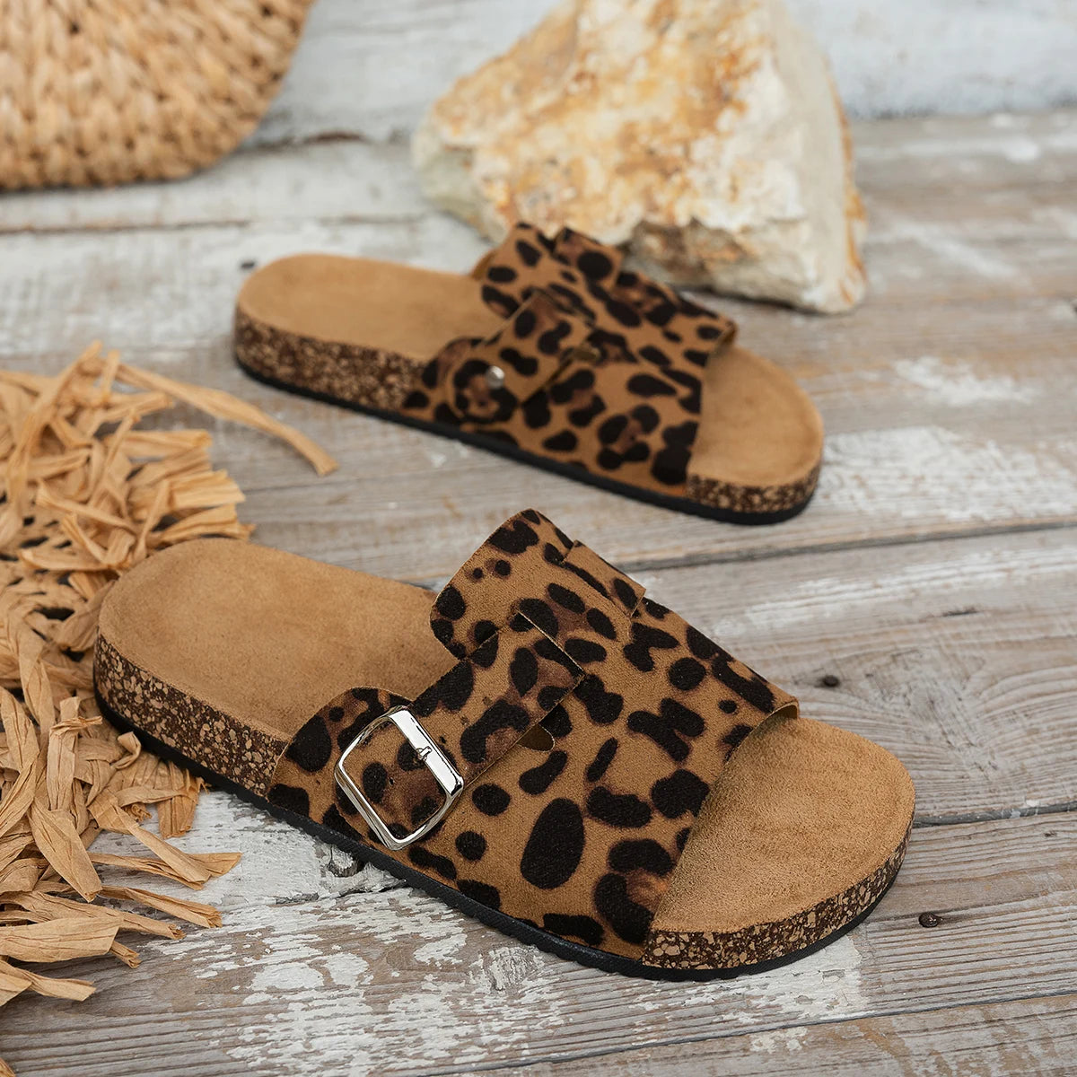 Leopard Open Toe Slides