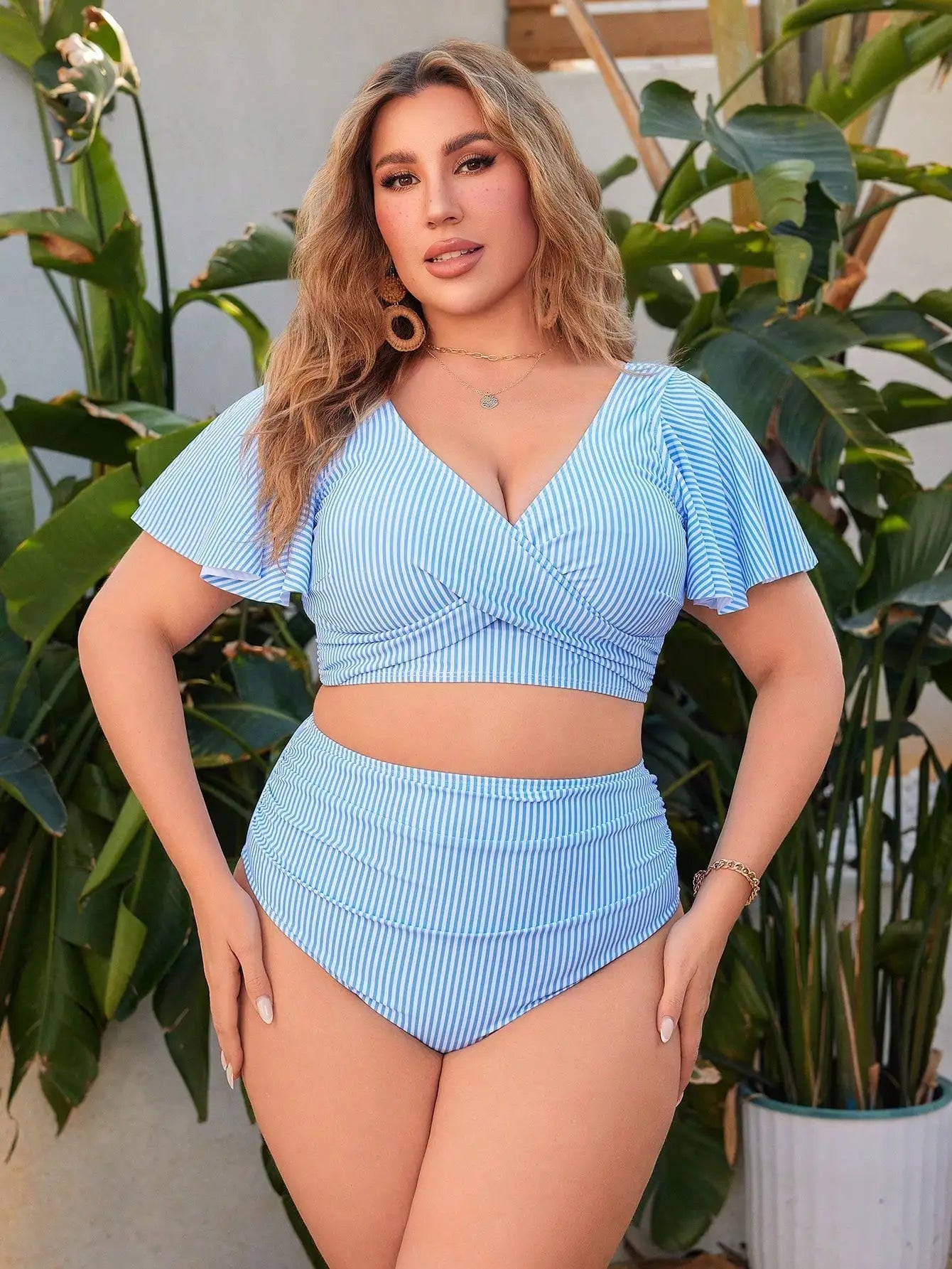 Ruffle Sleeve Swim Top& High Waist Bikini Bottoms
