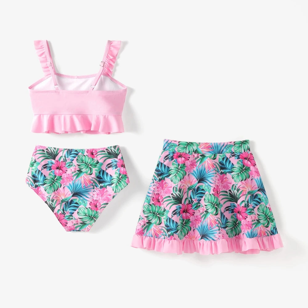 Girls 3 Piece Ruffle Tankini Swimsuit, Tropical Floral Bathing Suit with Skirt for Kids