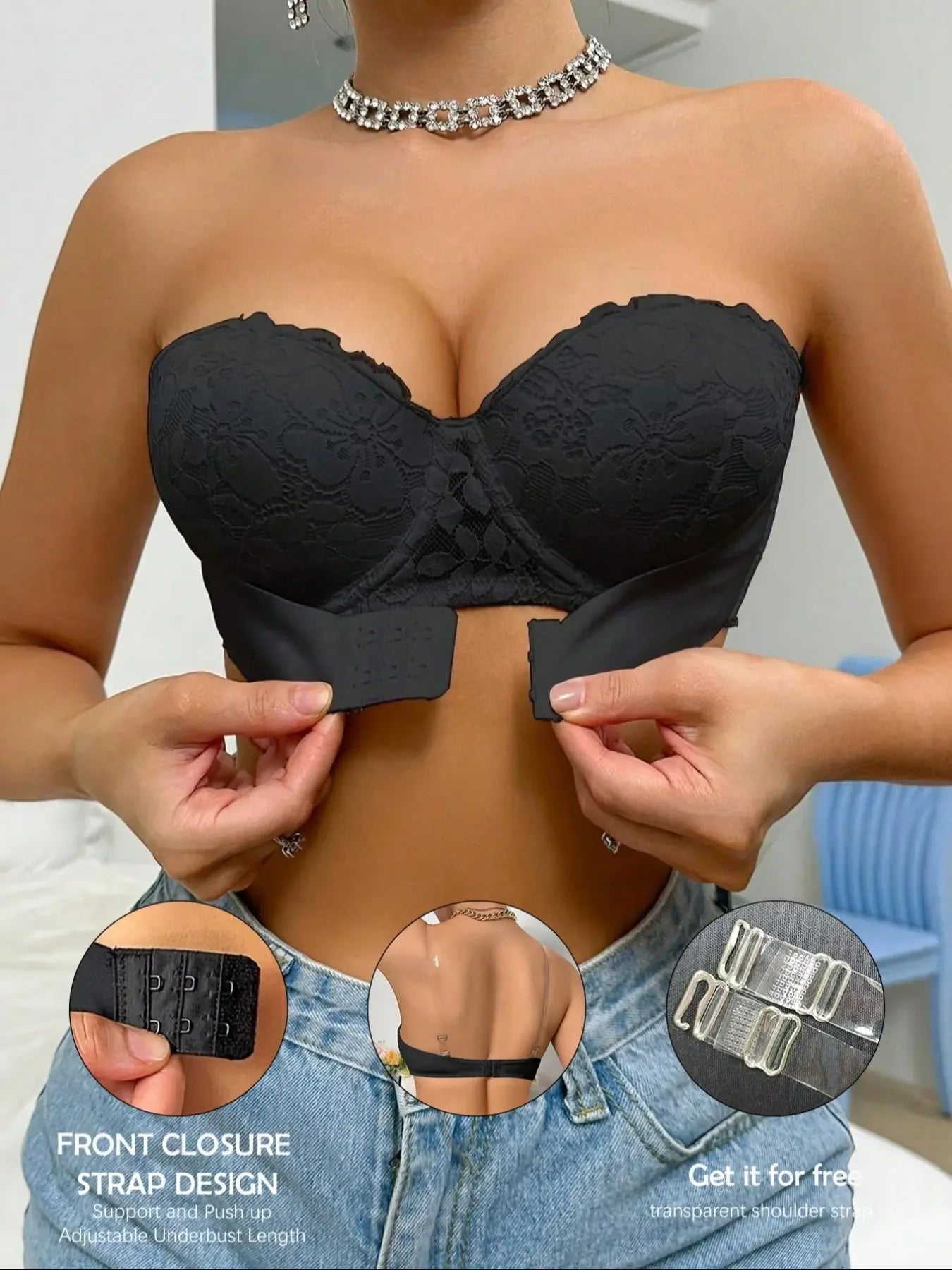 Adjustable, Strapless Push-Up Bra with Attachable Straps (Front&Back Closure for extra support)