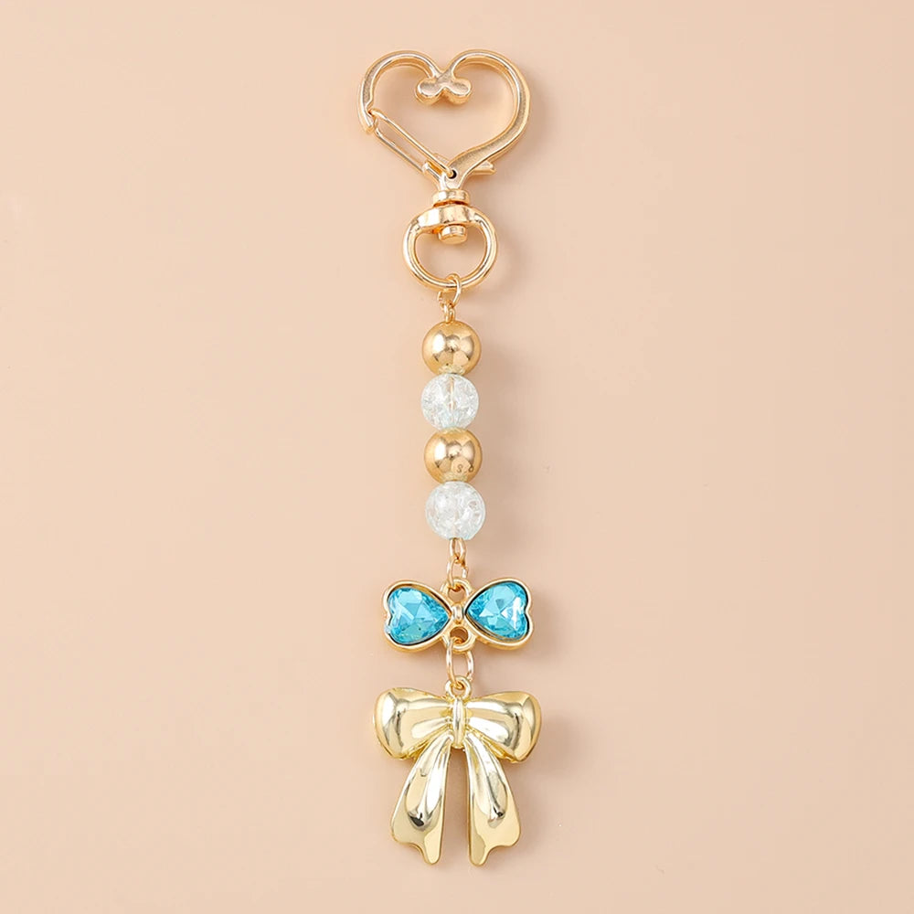 Cute Bowknot Love Heart Keychain Crystal Pearl Key Ring Pendants for Women Girls Handbag Decor DIY Handmade Key Chain Gifts