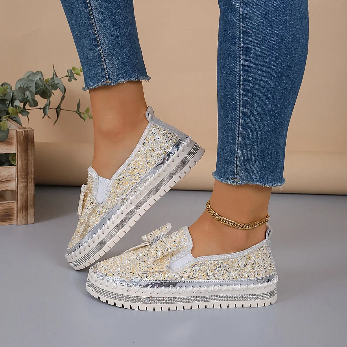 Sparkly Platform Loafers with Bow