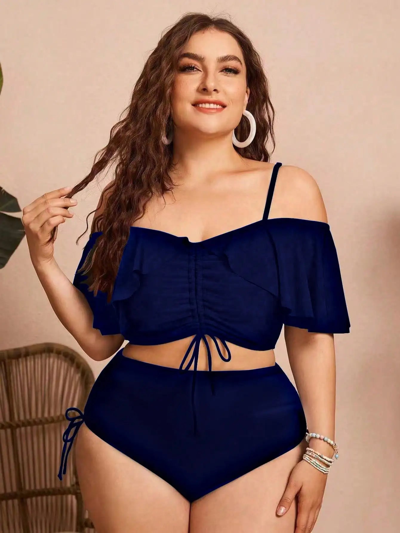 Ruched Ruffle Sleeve Bikini Top&High Waist Ruched Bikini Bottoms
