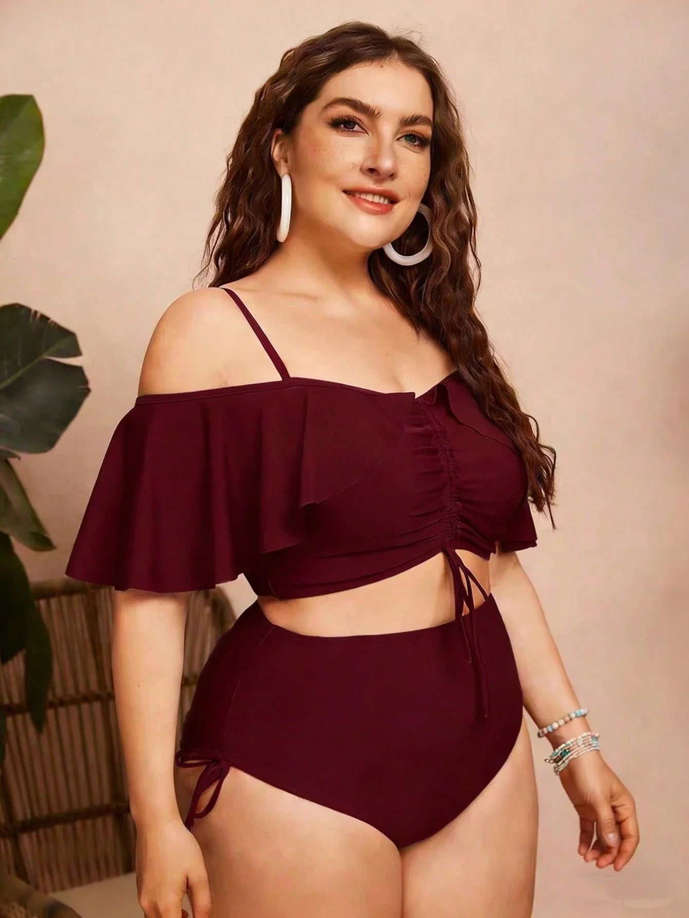 Ruched Ruffle Sleeve Bikini Top&High Waist Ruched Bikini Bottoms