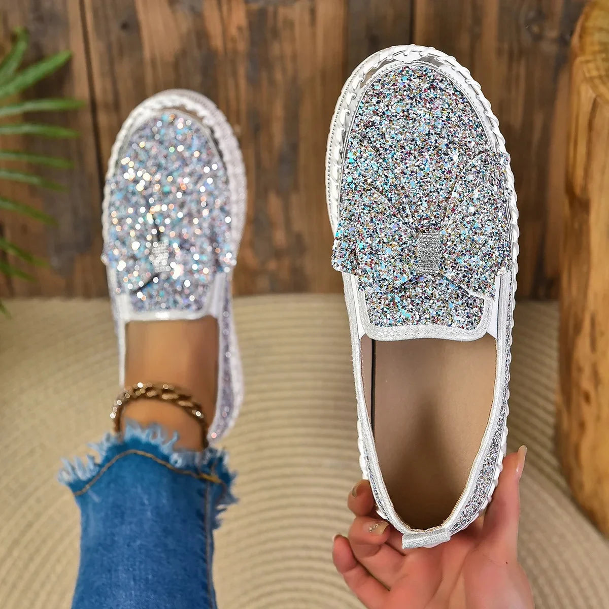 Sparkly Platform Loafers with Bow