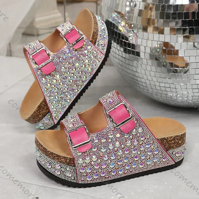 Platform Rhinestone Sandals with Buckles